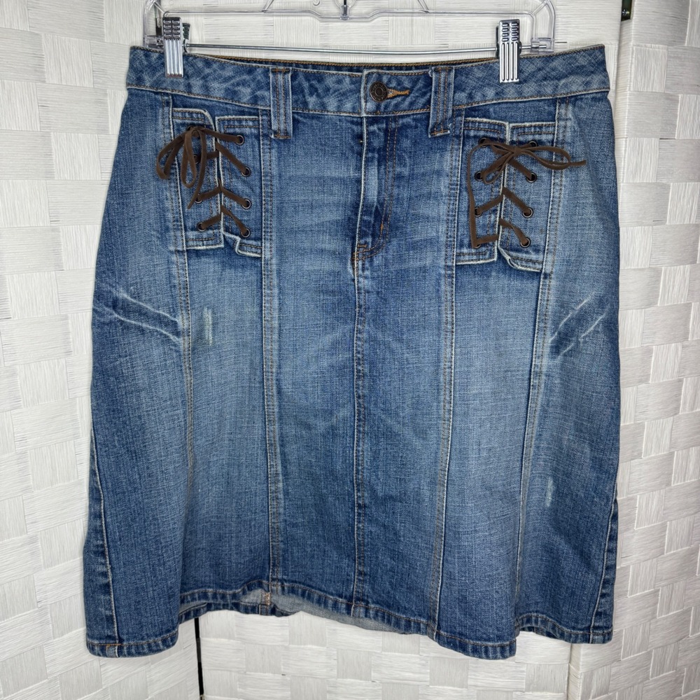 Y2K Womens Denim Midi Skirt Medium Wash Lace Up Corset Detail Size 10